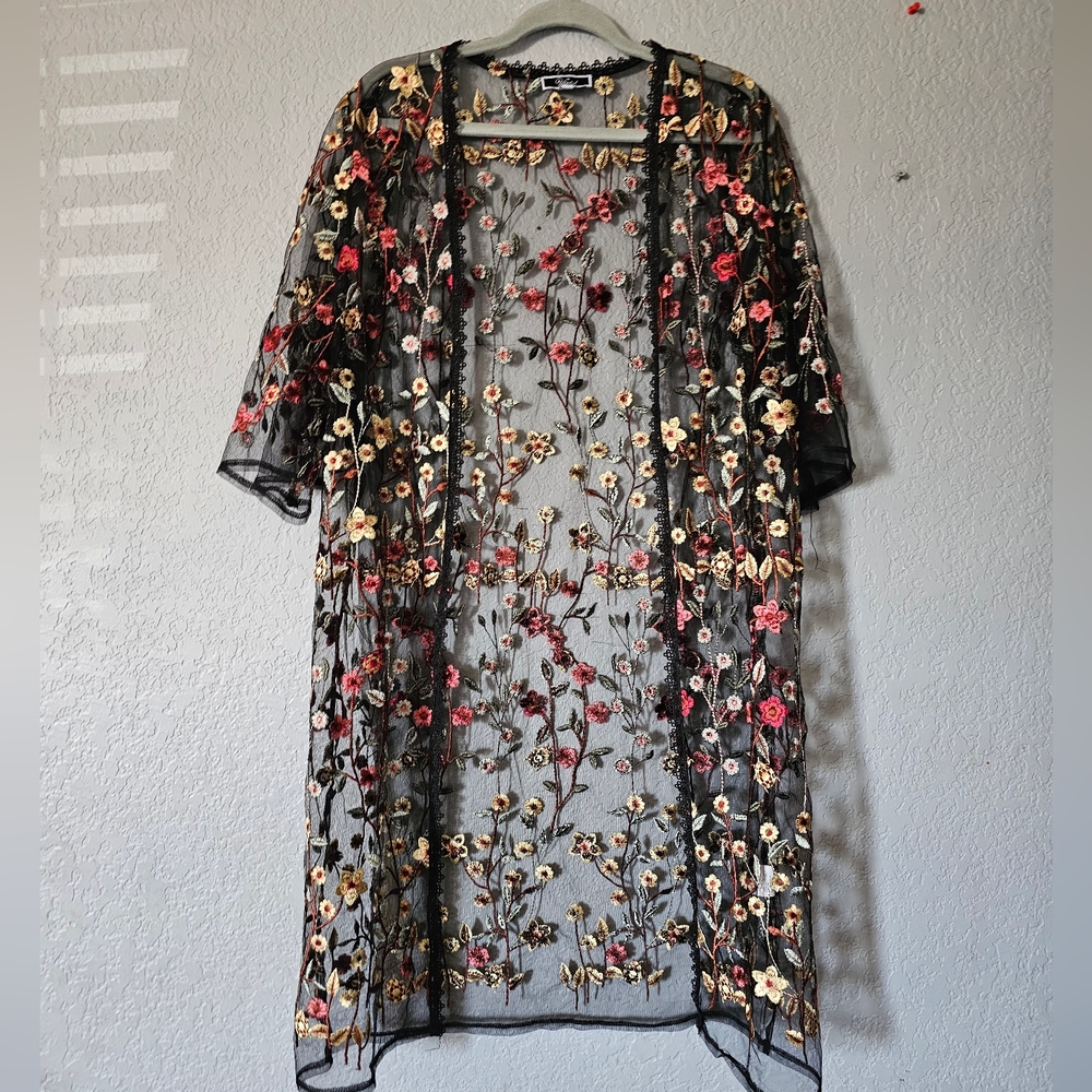 ViVi Vivid Black Sheer Floral Embroidered Kimono  Red and Cream Accent Size L